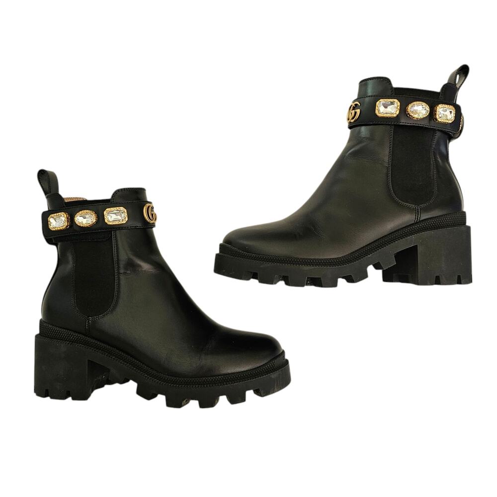 Gucci GG Trip Jewel Chunky Heel Chelsea Boot Size 36.5 US 6.5 Black Leather Gold - Picture 5 of 10